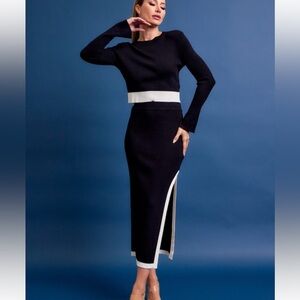 NEW Elegant Black & White Knit Skirt Set - Long Sleeve Top & Midi Skirt
